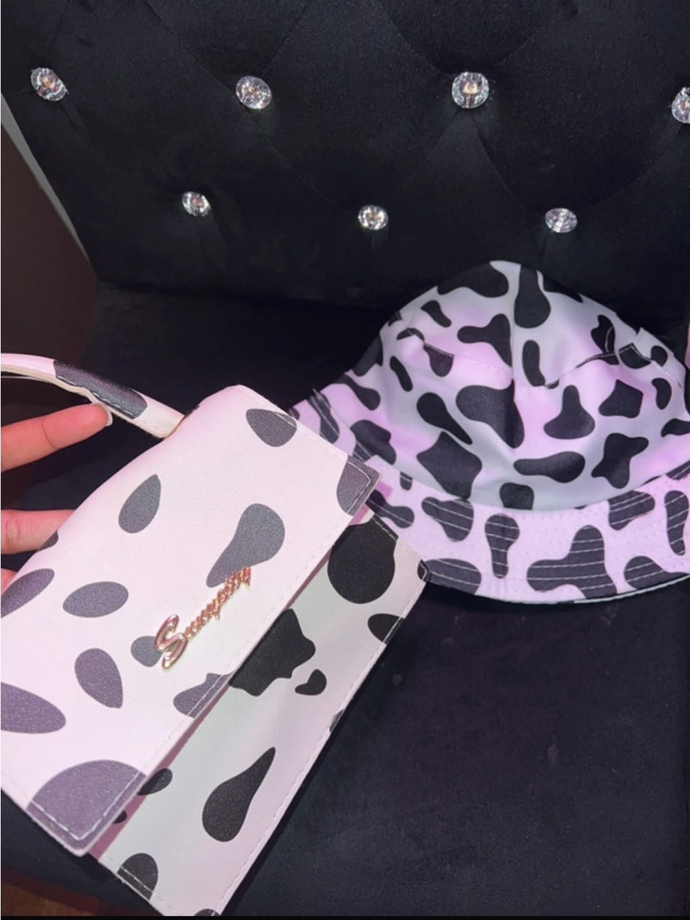 Cow print buckethat/mini purse set
